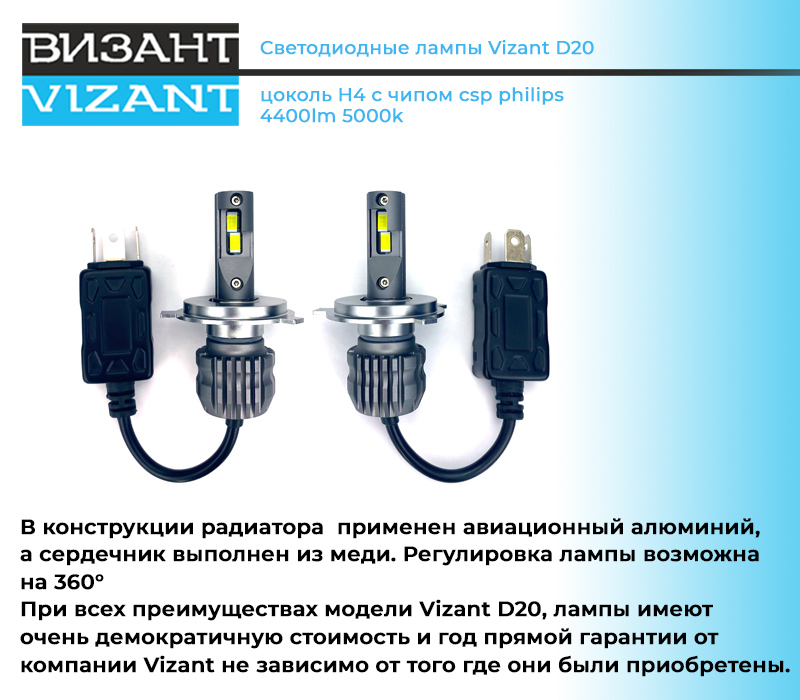 Светодиодные лампы Vizant D20 цоколь H4 с чипом csp philips 4400lm 5000k 