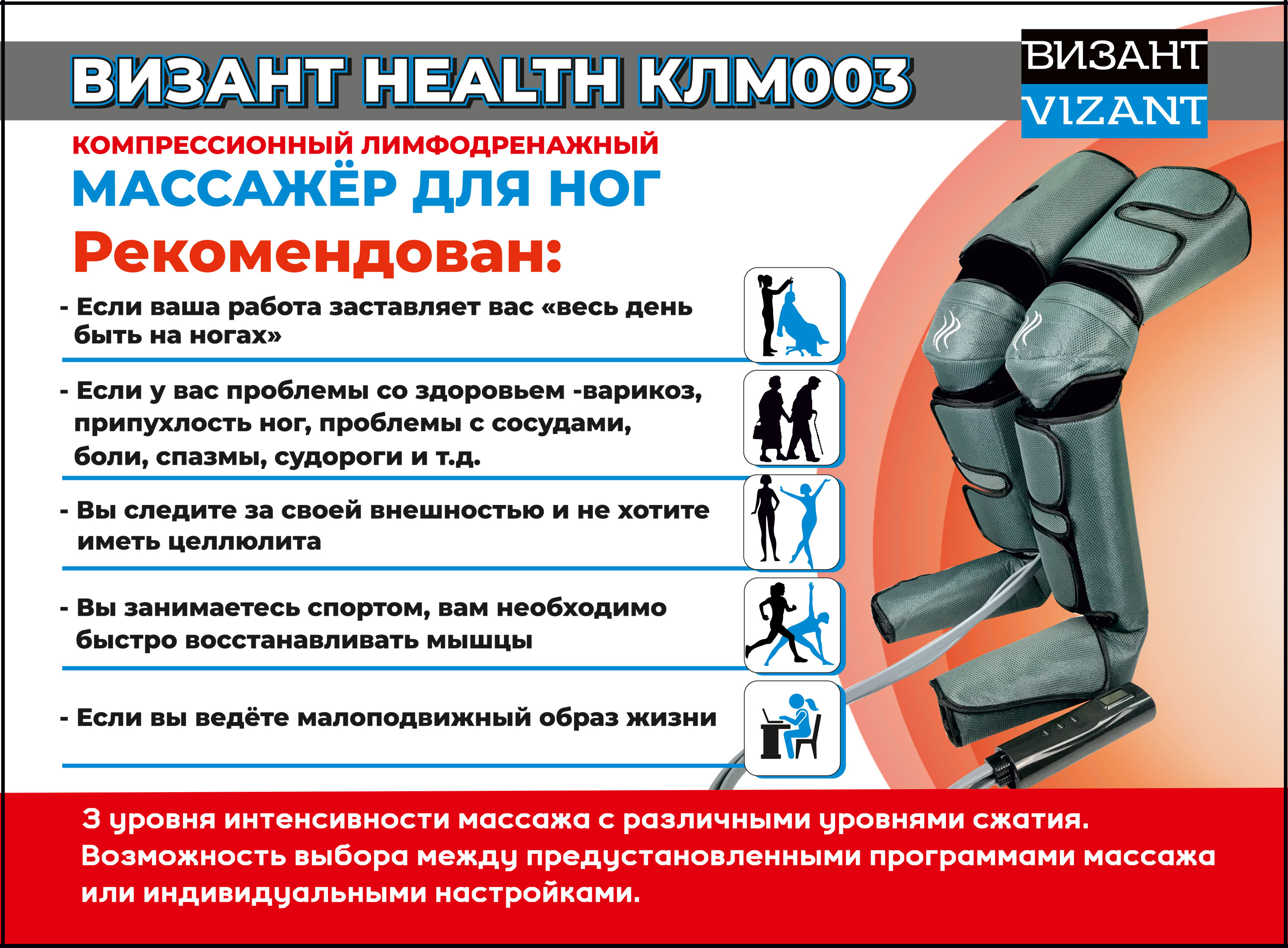 Массажер для ног Vizant HEALTH КЛМ 003 электрический лимфодренажный