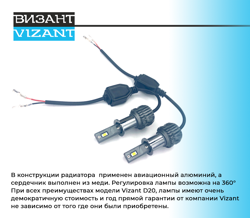 Светодиодные лампы Vizant D20 цоколь H3 с чипом csp philips 4400lm 5000k  (цена за 2 лампы)