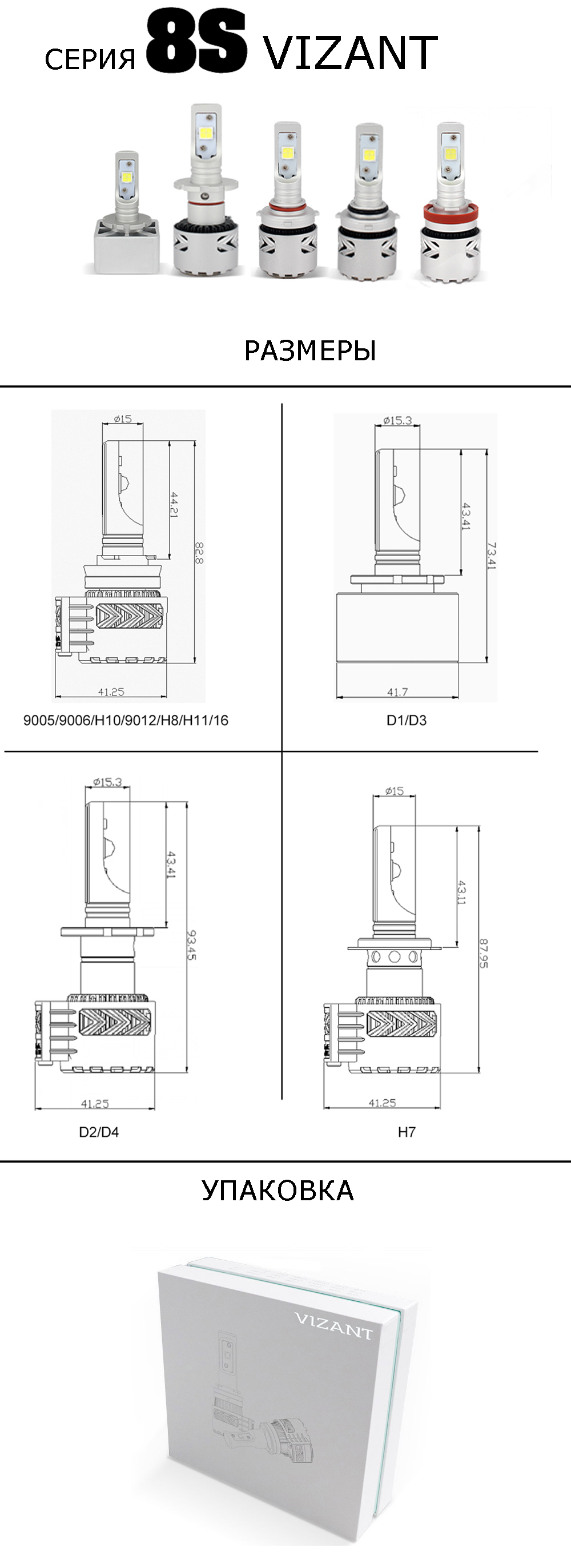 Светодиодные лампы Vizant 8S для линз цоколь HB3 9005 с чипом  CREE-XHP70 6000lm 5000k   (цена за 2 лампы)