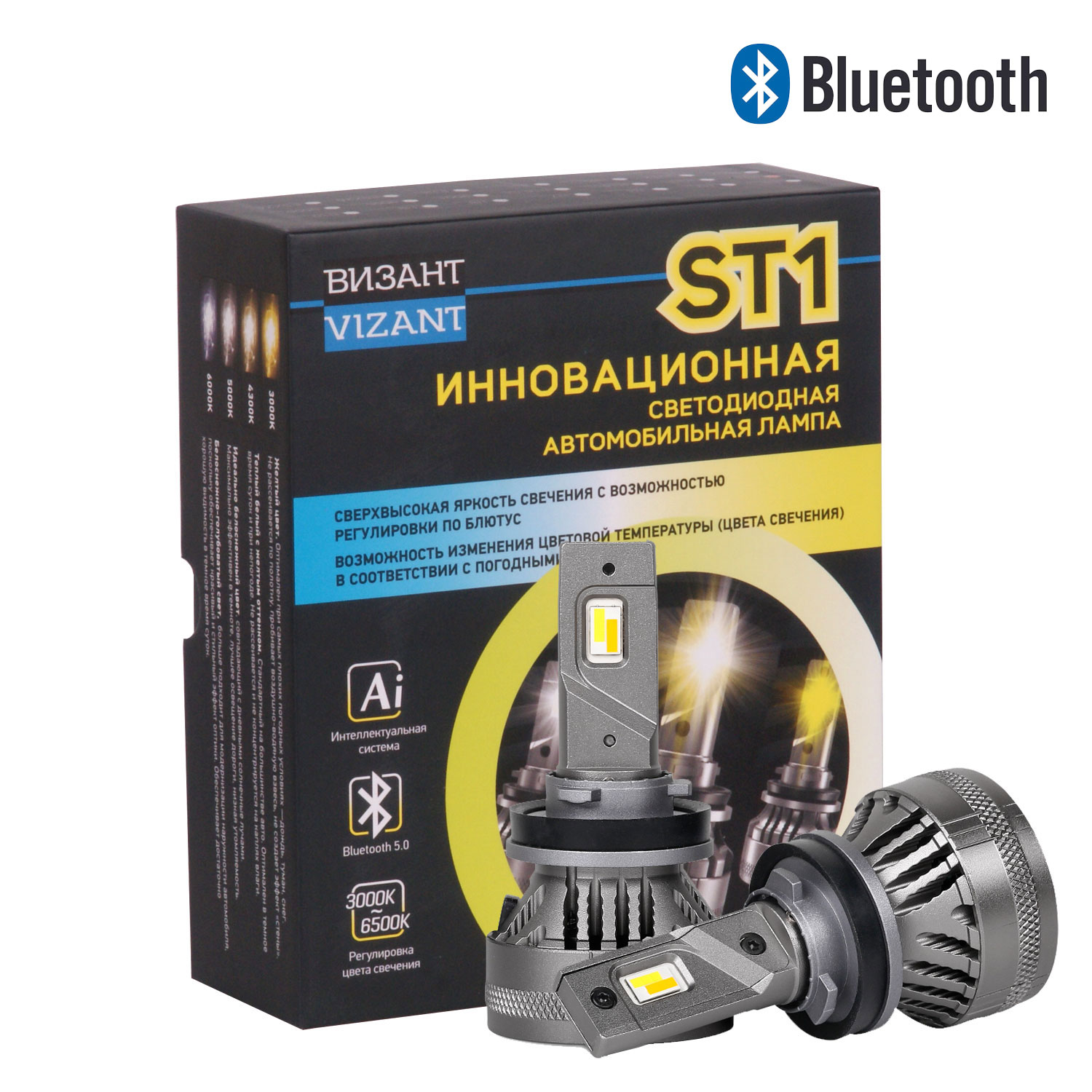 Светодиодные лампы Vizant ST1 Bluetooth Control цоколь HB4 9006 с чипом G-CR Tech 6000lm 3000-5000k (цена за 2 лампы)