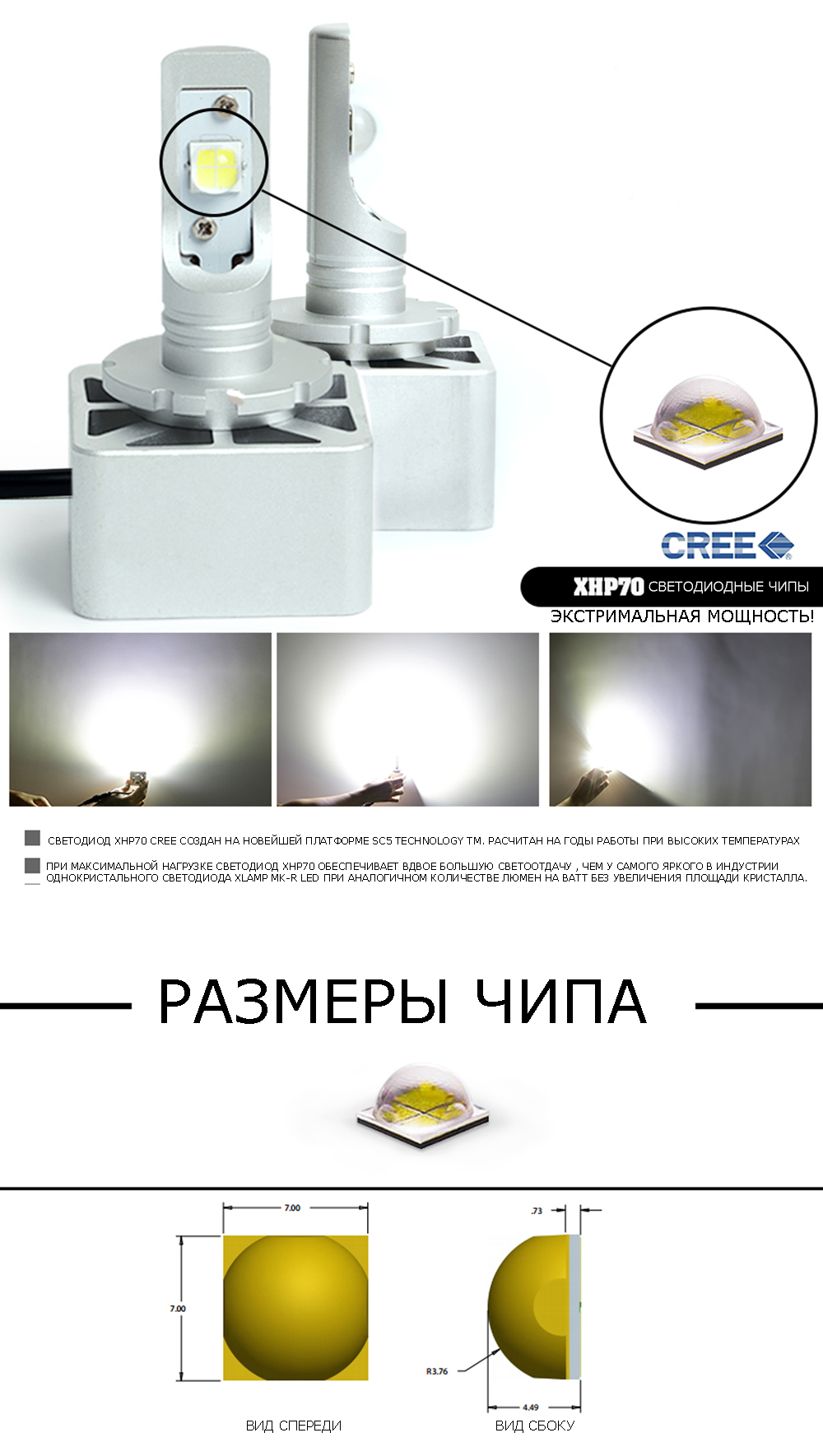 Светодиодные лампы Vizant 8S для линз цоколь HB3 9005 с чипом  CREE-XHP70 6000lm 5000k   (цена за 2 лампы)